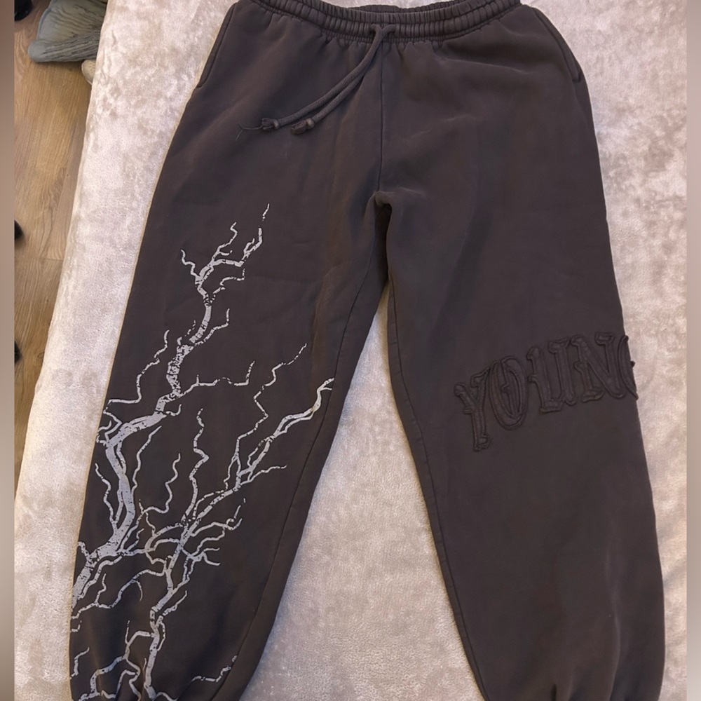 YoungLA Brown Sweatpants with White Lightning Design